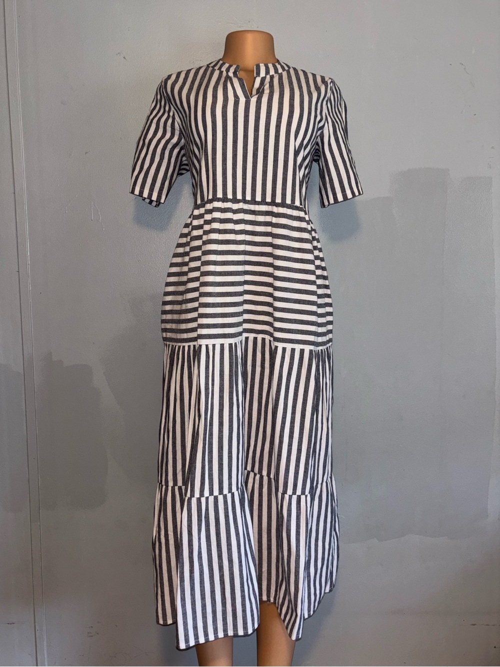 Black & White Striped Midi Dress with Tiered Skirt